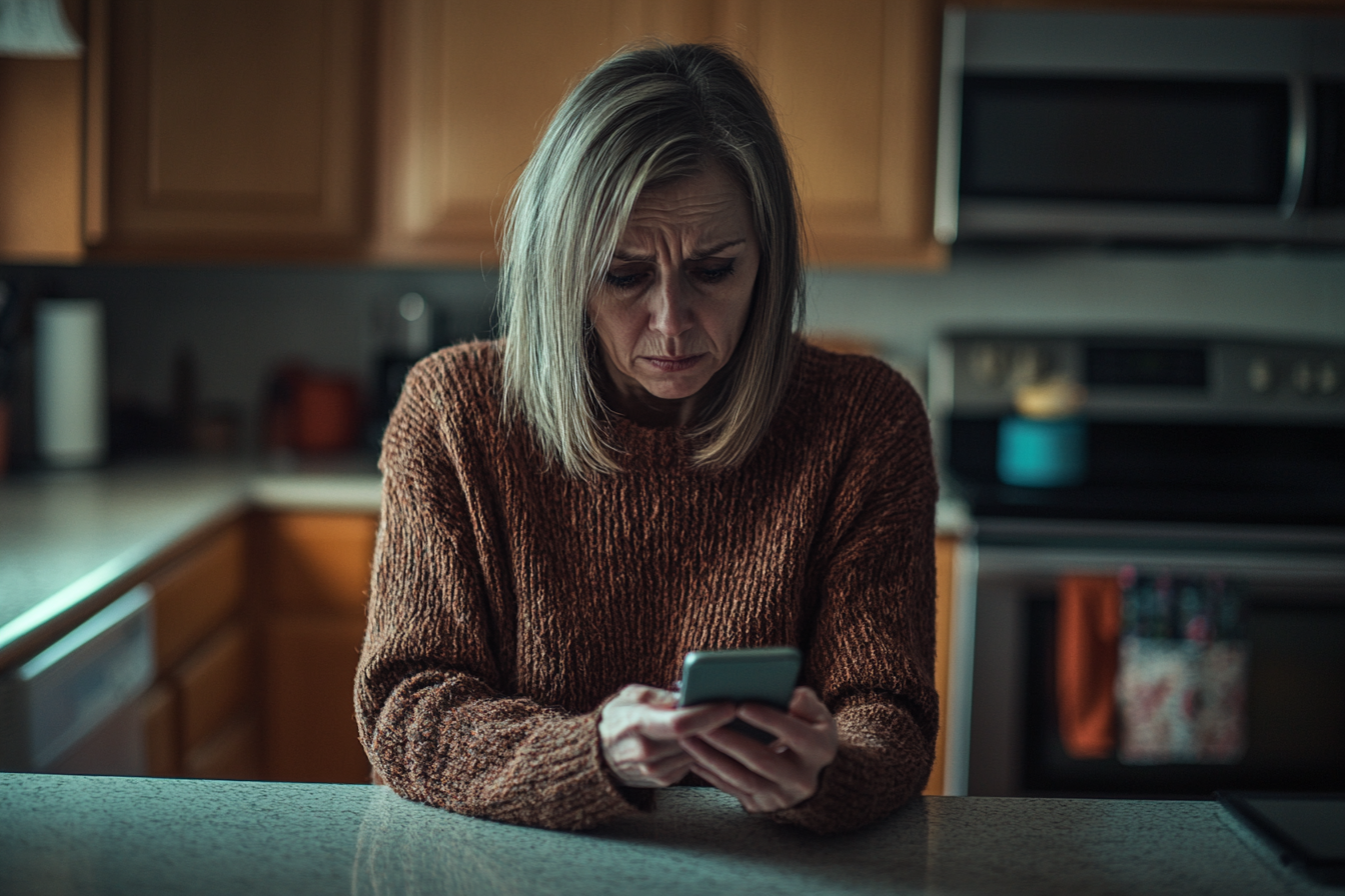 Una mujer mayor sosteniendo un teléfono en una cocina, con aspecto triste | Fuente: Midjourney