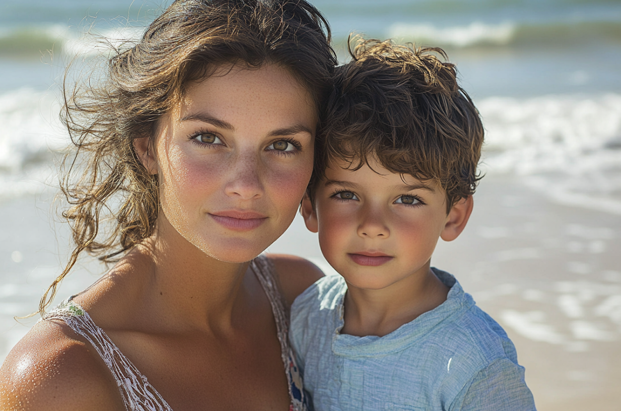 Una mujer con un niño en brazos en una playa | Fuente: Midjourney