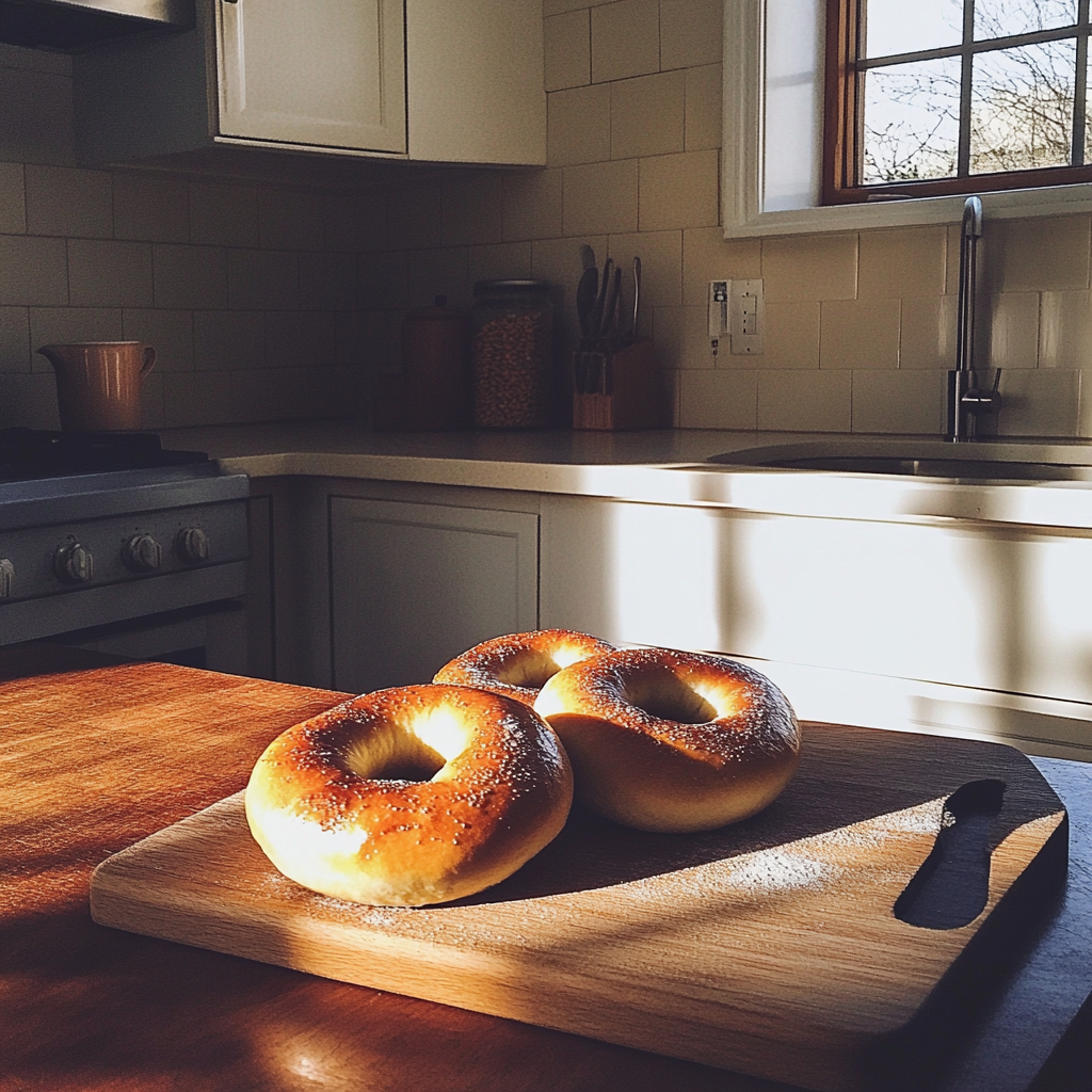 Bagels sobre una tabla de madera | Fuente: Midjourney