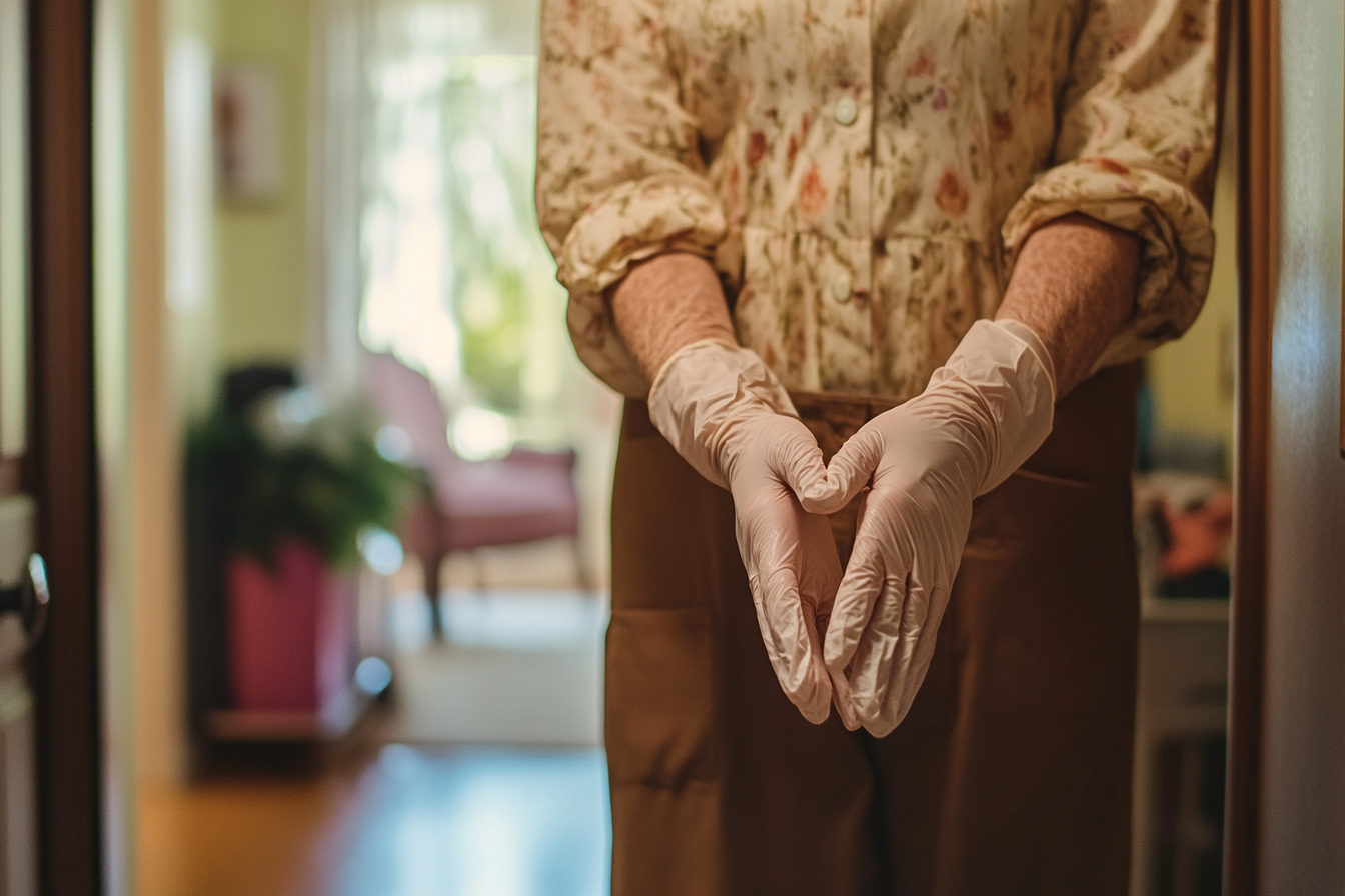 Una mujer con guantes de látex de pie en un pasillo de entrada | Fuente: Midjourney