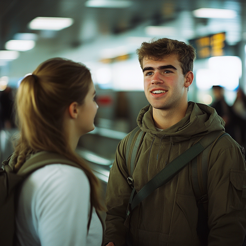 Un hombre y una mujer felices hablando | Fuente: Midjourney