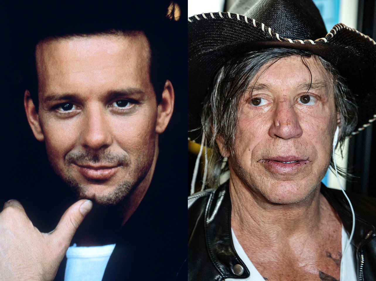 Mickey Rourke en sus años mozos y él ahora. | Fuente: Getty Images