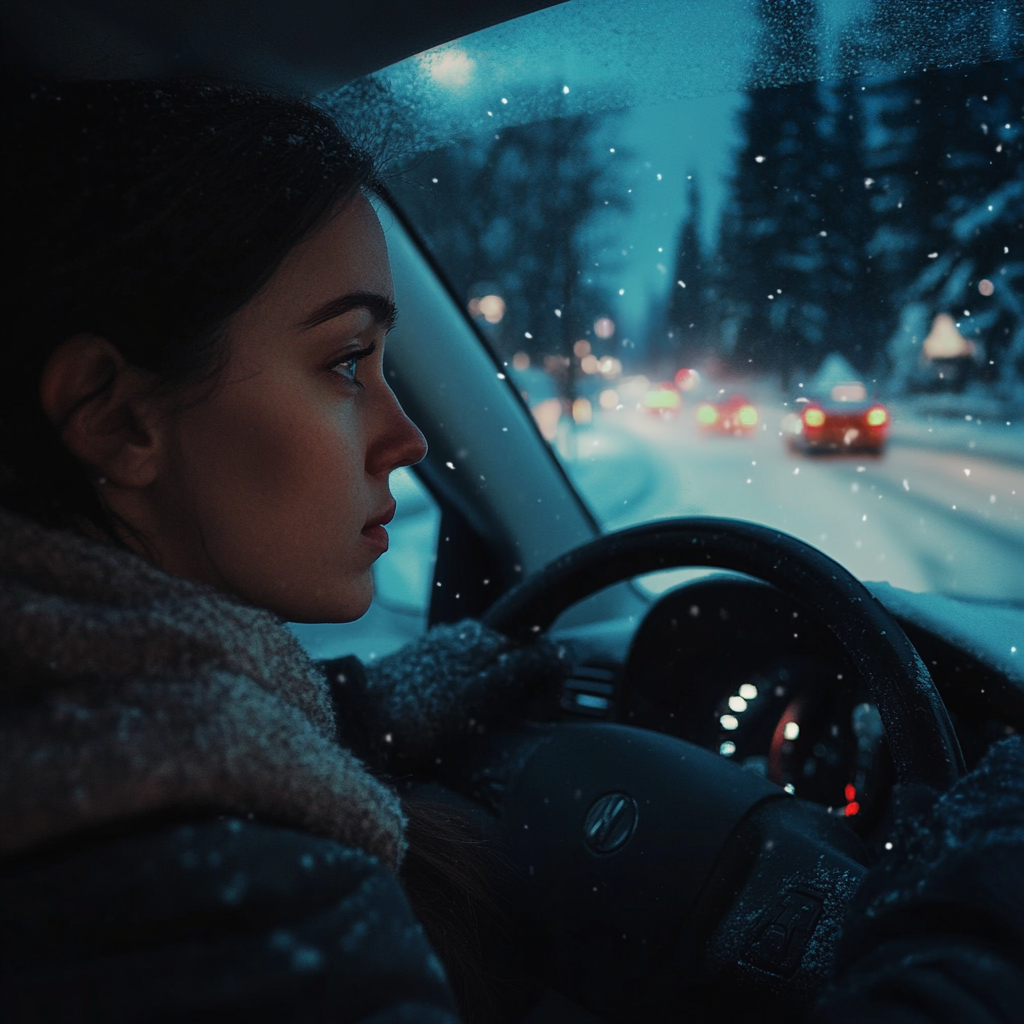 Una mujer seria conduciendo un automóvil | Fuente: Midjourney