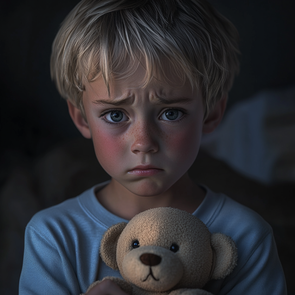 Un niño triste con un osito de peluche en la mano | Fuente: Midjourney