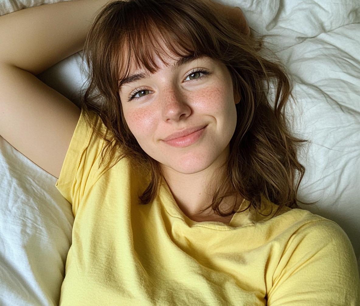 Una mujer sonriente tumbada en una cama | Fuente: Midjourney