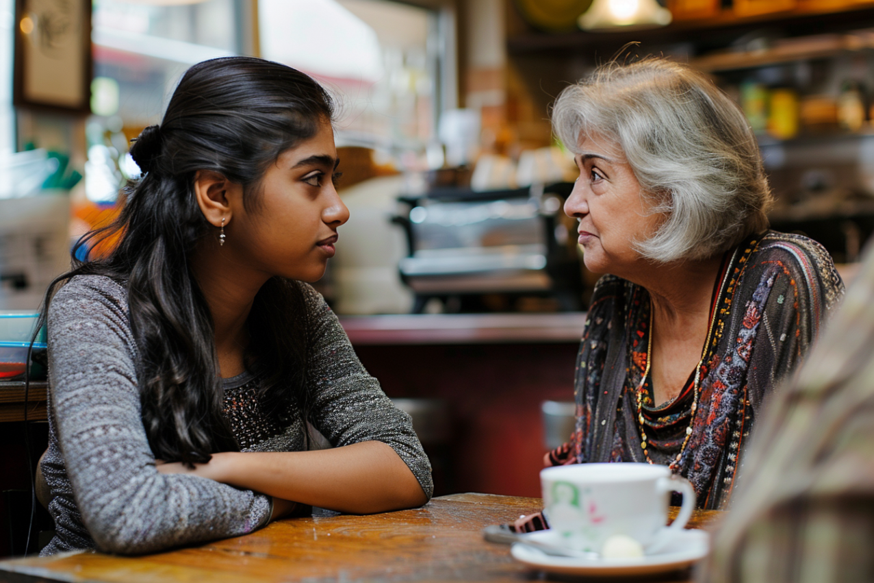 Dos mujeres reunidas en una cafetería | Fuente: Midjourney