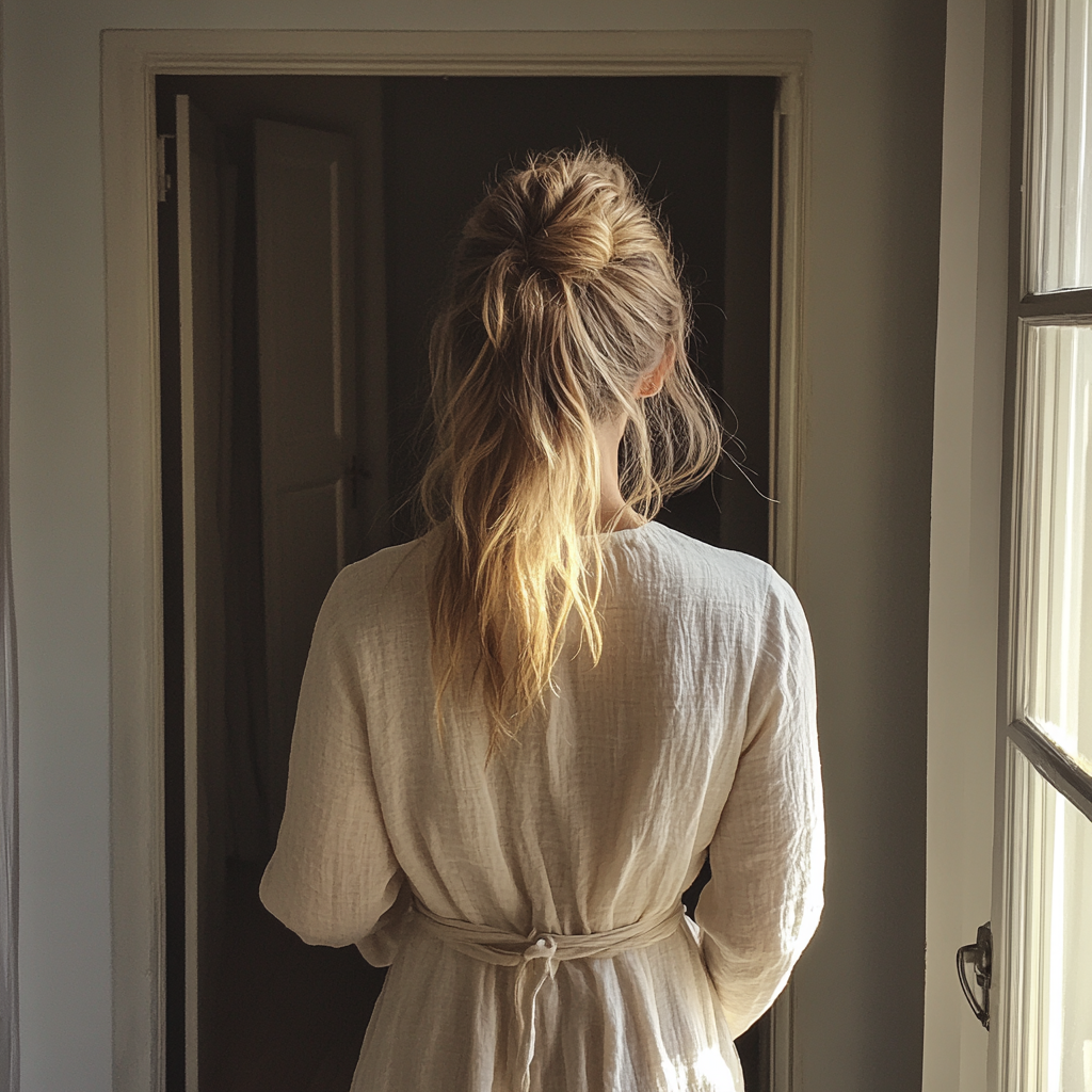 Una mujer atravesando una puerta | Fuente: Midjourney