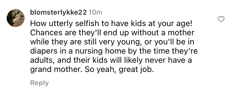 Un comentario negativo llamando "egoísta" a Hilary Swank en la foto que muestra a sus gemelos publicada el 10 de abril de 2023 | Foto: Instagram.com/hilaryswank