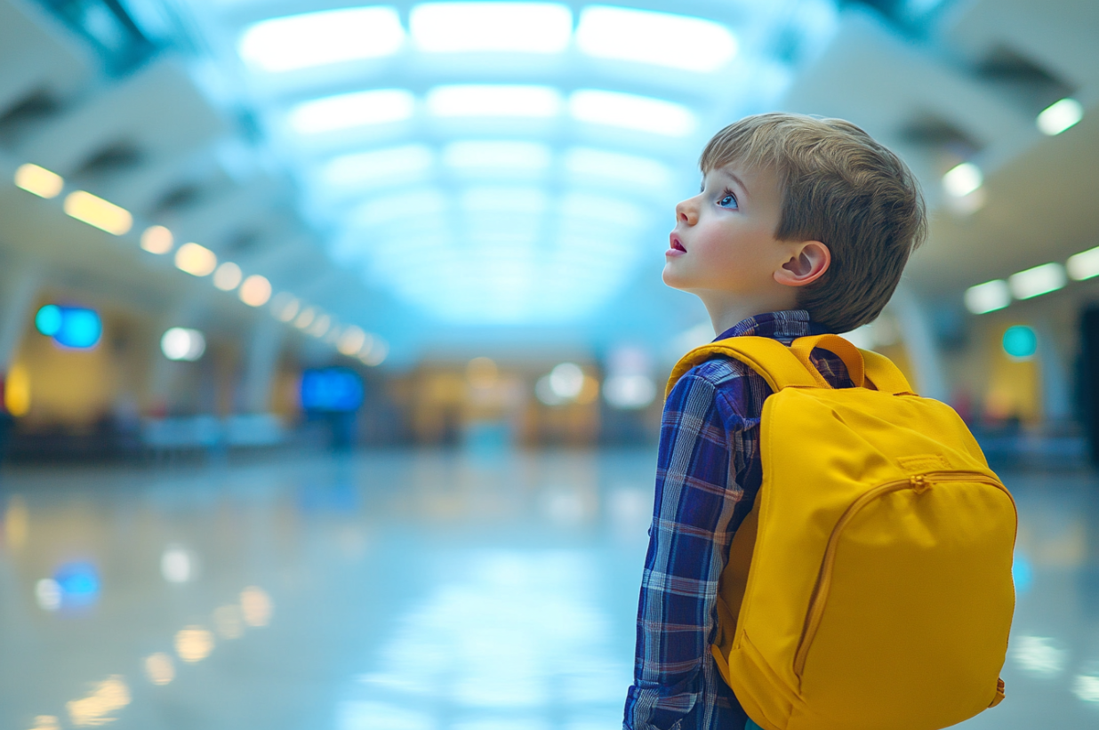 Un niño triste en un aeropuerto | Fuente: Midjourney