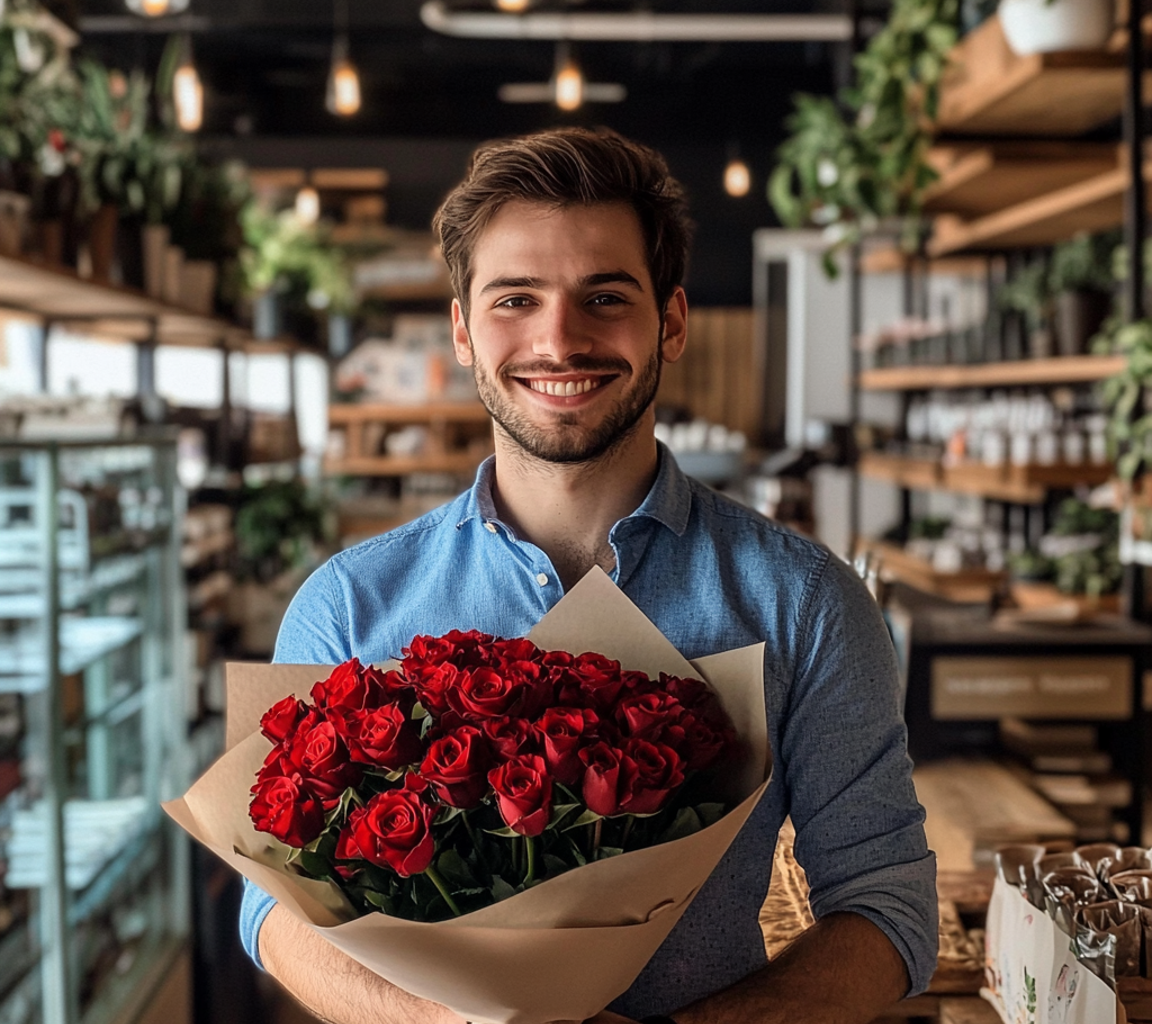 Un hombre con un ramo de rosas | Fuente: Midjourney