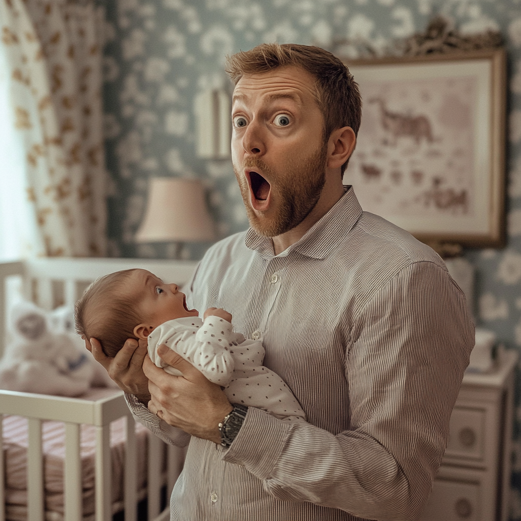 Un hombre sorprendido llevando un bebé | Fuente: Midjourney