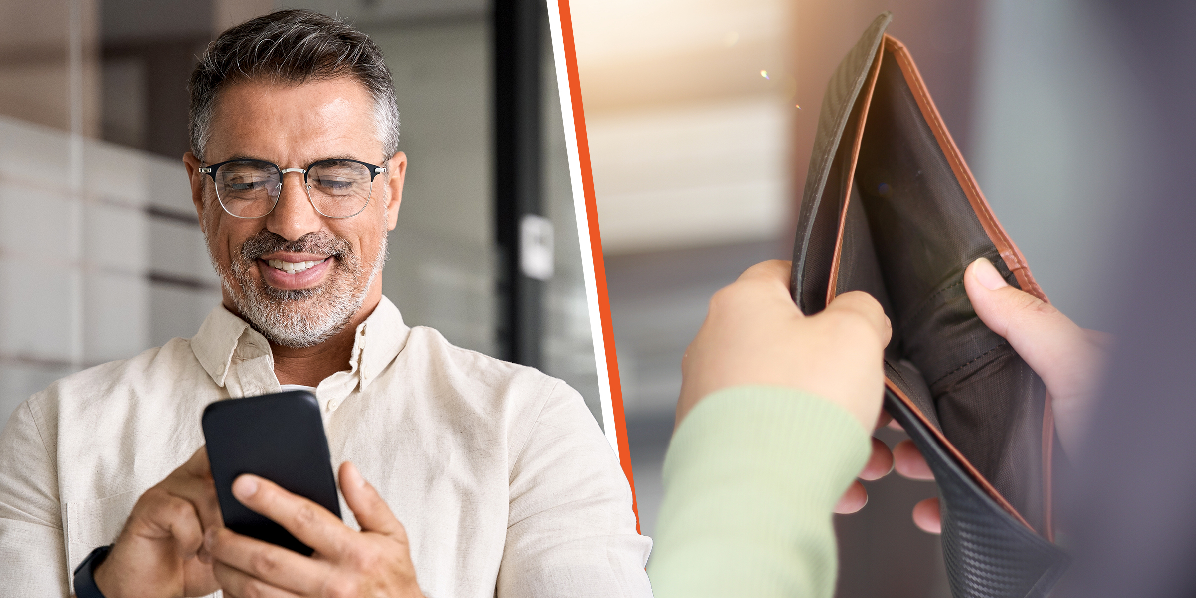 Un hombre mirando su teléfono y una cartera vacía | Fuente: Shutterstock