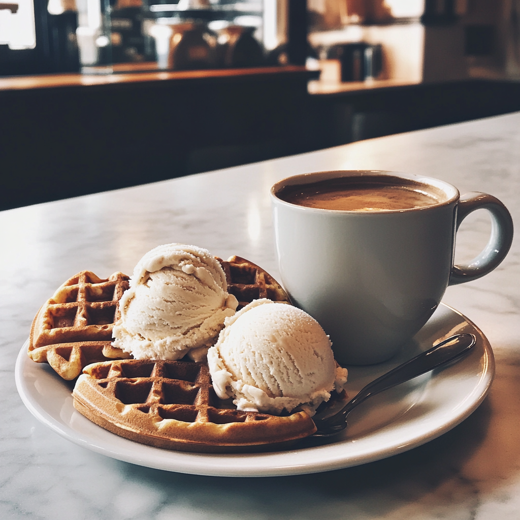 Gofres y helado en una cafetería | Fuente: Midjourney