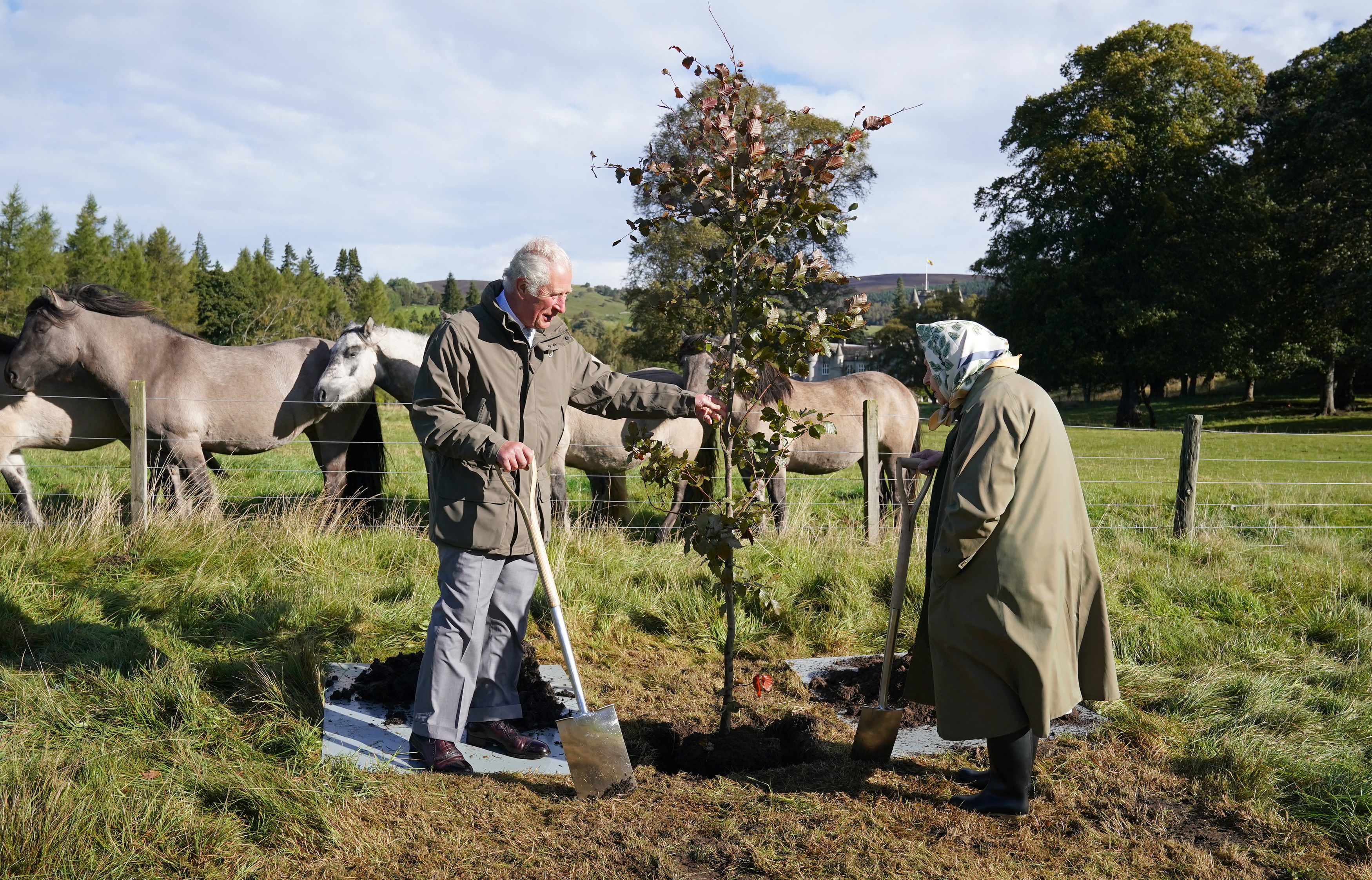 La reina Elizabeth II y el entonces príncipe Charles plantan un árbol para marcar el inicio de la temporada oficial de plantación del Tejadillo Verde de la Reina en el Pabellón de Cricket de Balmoral, en la finca de Balmoral, Escocia, el 1 de octubre de 2021 | Foto: Getty Images