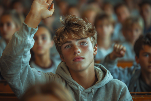 Un niño levantando la mano en clase | Fuente: Midjourney