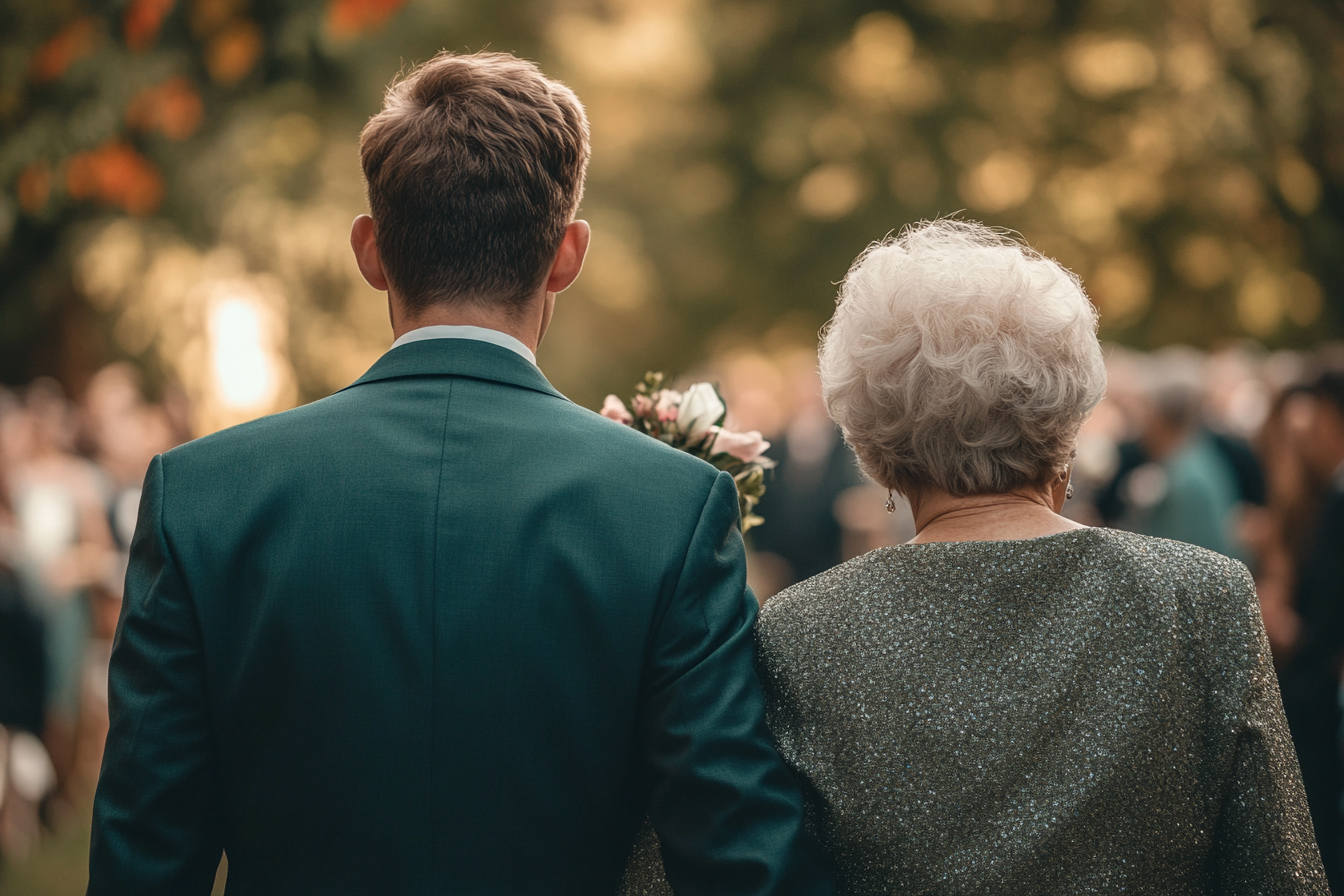 Un hombre caminando hacia el altar con su madre | Fuente: Midjourney