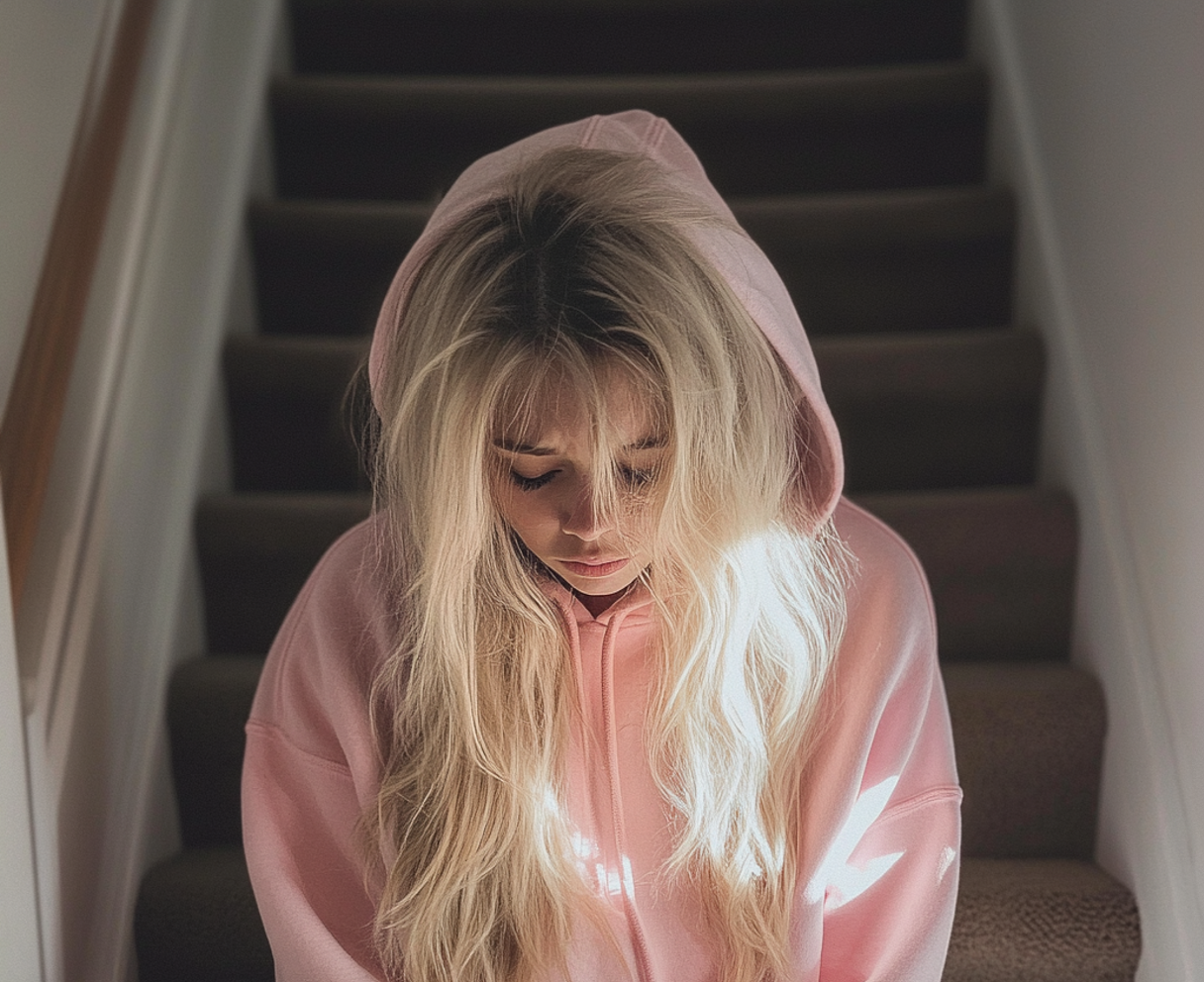 Una adolescente alterada en una escalera | Fuente: Midjourney