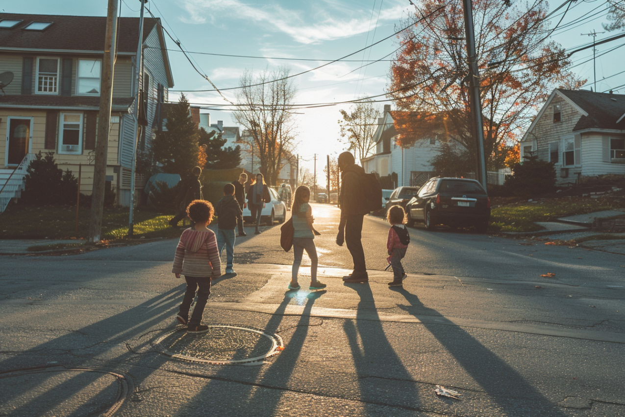 Gente en la calle en una zona suburbana | Fuente: MidJourney