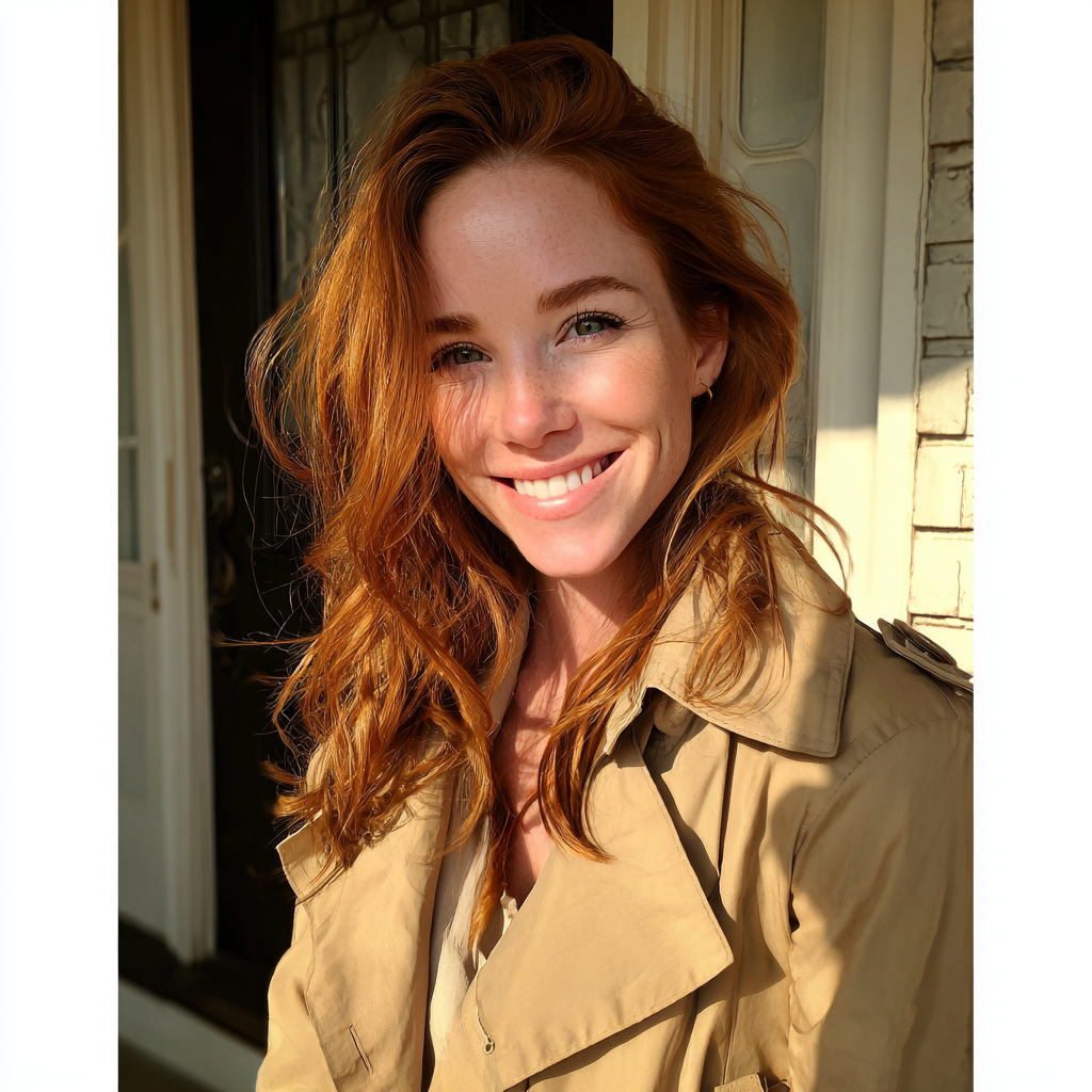 Una donna sorridente con un trench beige | Fonte: Midjourney