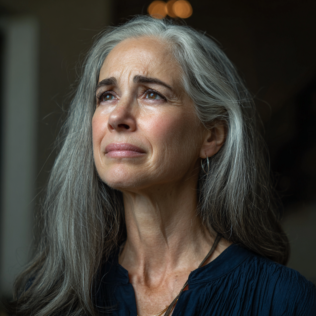 Una mujer mayor emocionada con una blusa azul marino | Fuente: Midjourney