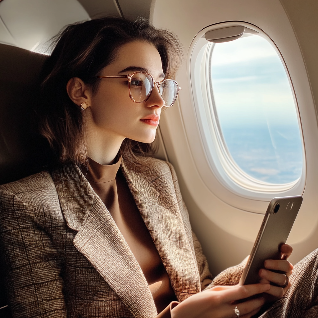 Mujer de negocios en un avión | Fuente: Midjourney