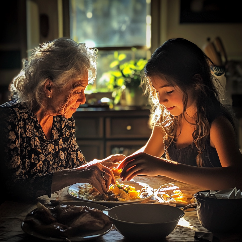 Mujer mayor cenando con su nieto | Fuente: Midjourney