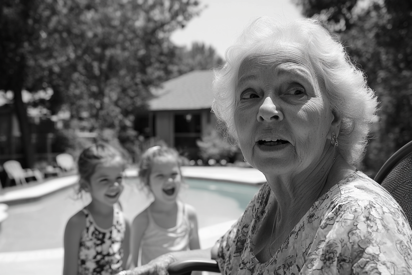 Niñas de pie junto a la piscina, riéndose de una mujer mayor | Fuente: Midjourney