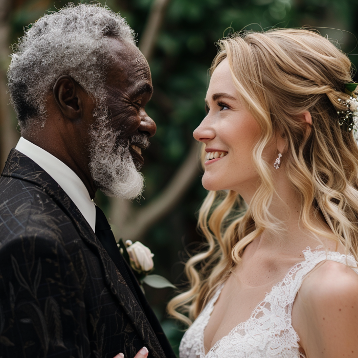 Una novia hablando con su padrastro el día de su boda | Fuente: Midjourney