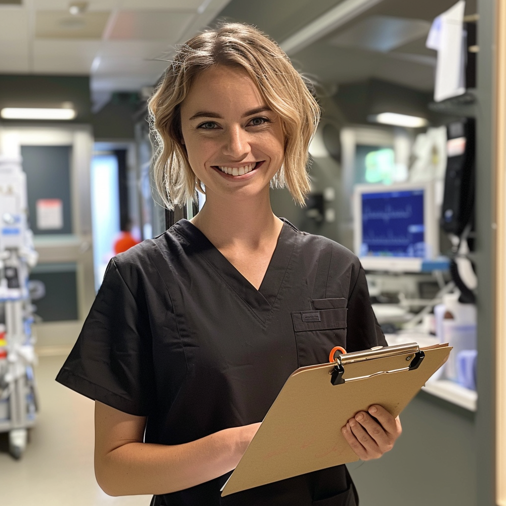Una enfermera sonriente con un portapapeles en la mano | Fuente: Midjourney