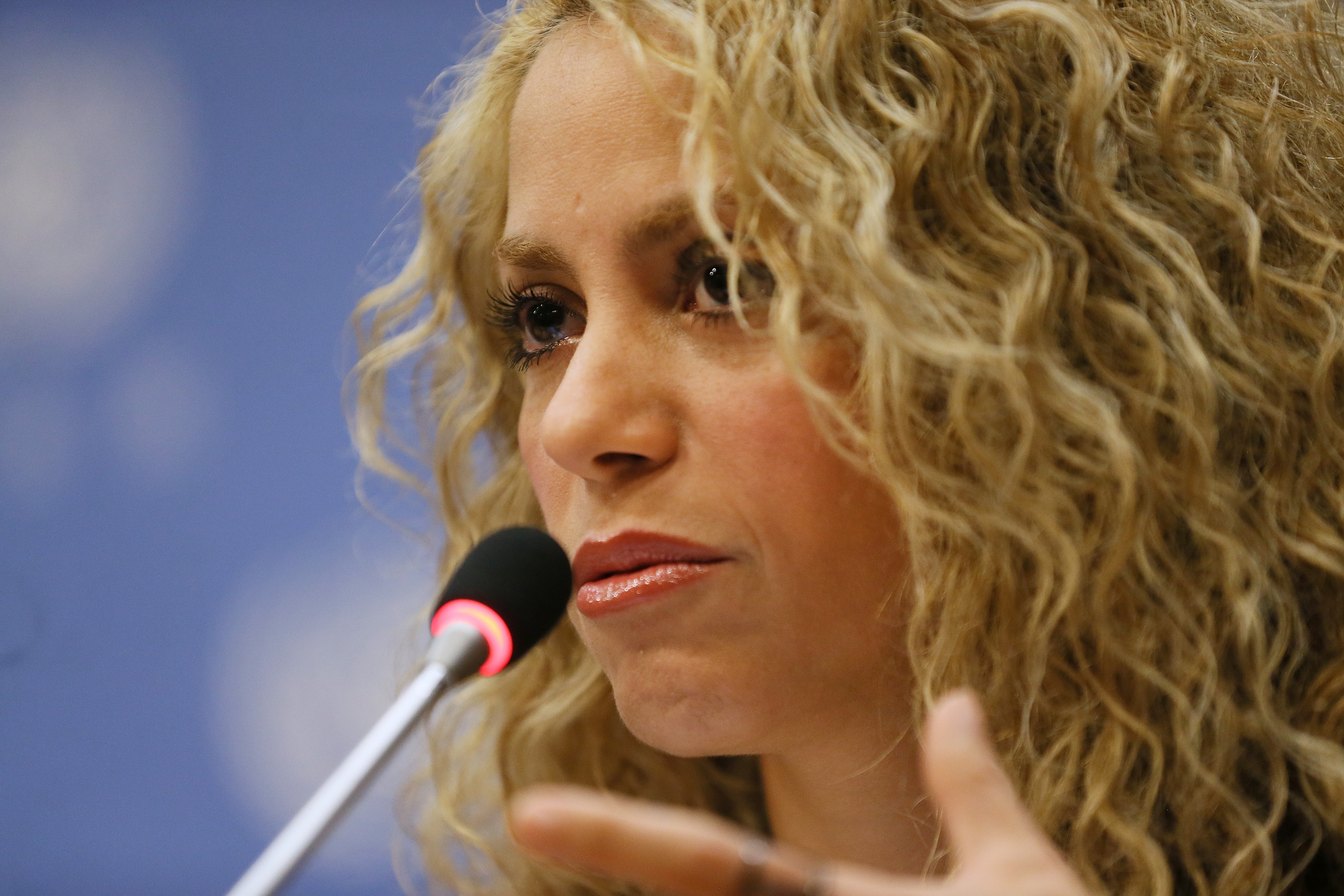 Shakira habla durante una rueda de prensa en las Naciones Unidas el 22 de septiembre de 2015 en Nueva York. | Fuente: Getty Images