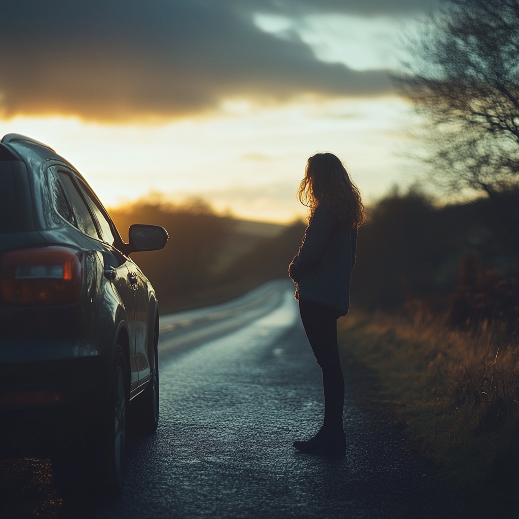 Una mujer de pie junto a la carretera | Fuente: Midjourney