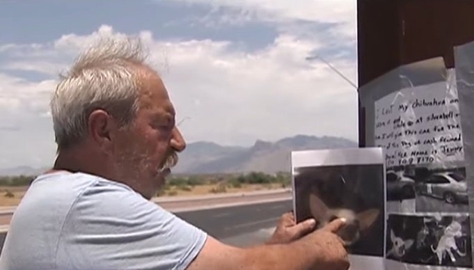 Eddie Collins señala una foto de su perra Jenny. | Foto: YouTube/News 4 Tucson KVOA-TV