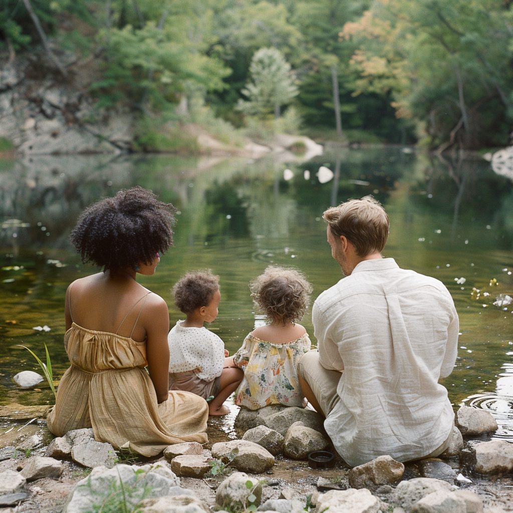 Una familia feliz sentada junto a un lago | Fuente: Midjourney