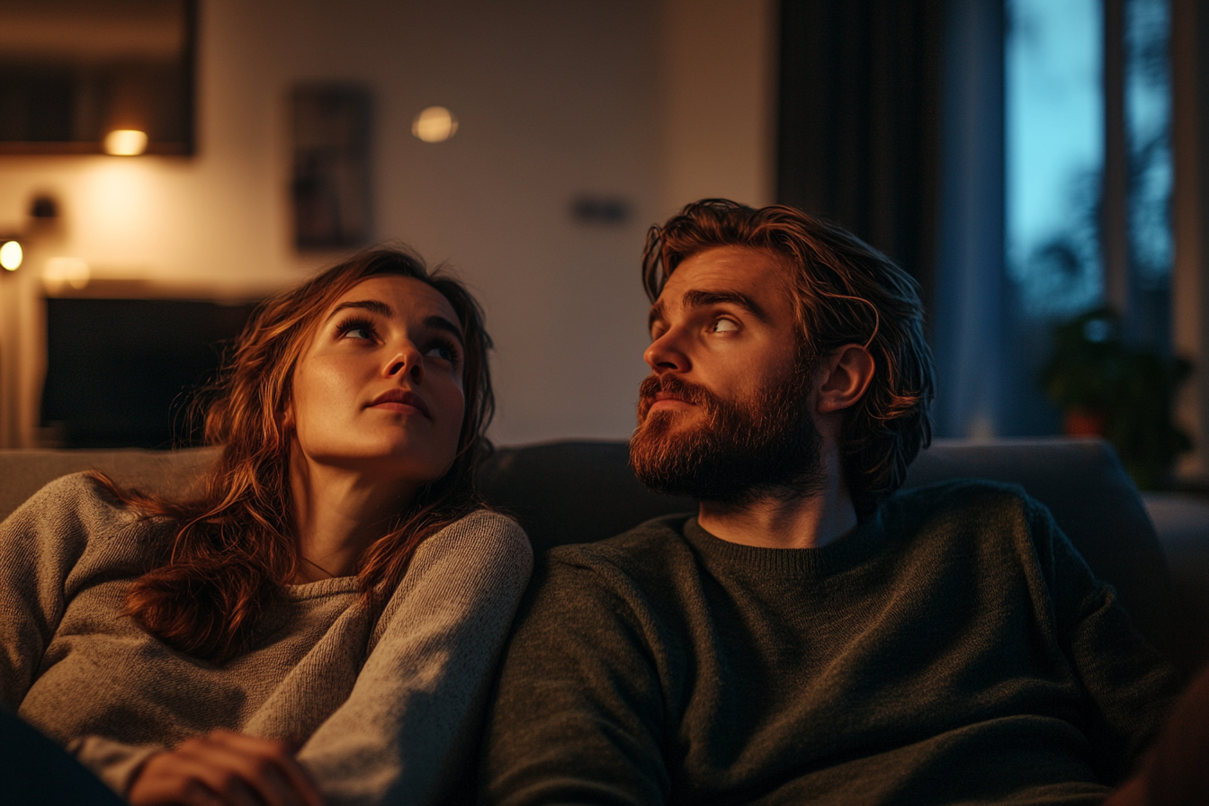 Una pareja en un salón mirando hacia arriba | Fuente: Midjourney