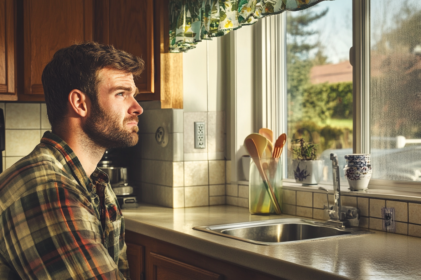 Un hombre mirando por la ventana de su cocina | Fuente: Midjourney