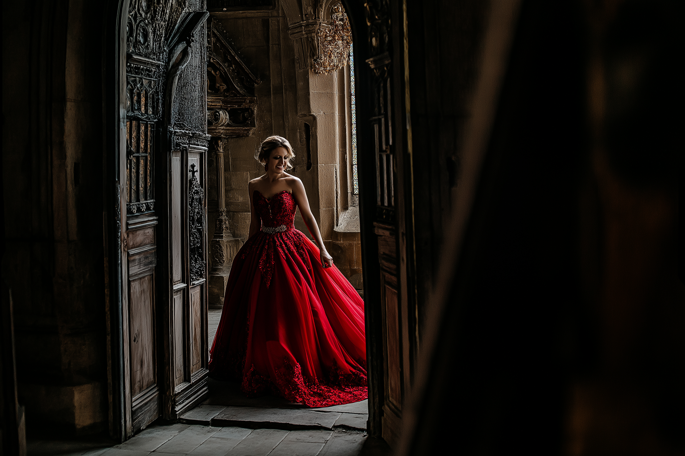 Una mujer con un vestido de novia rojo | Fuente: Midjourney