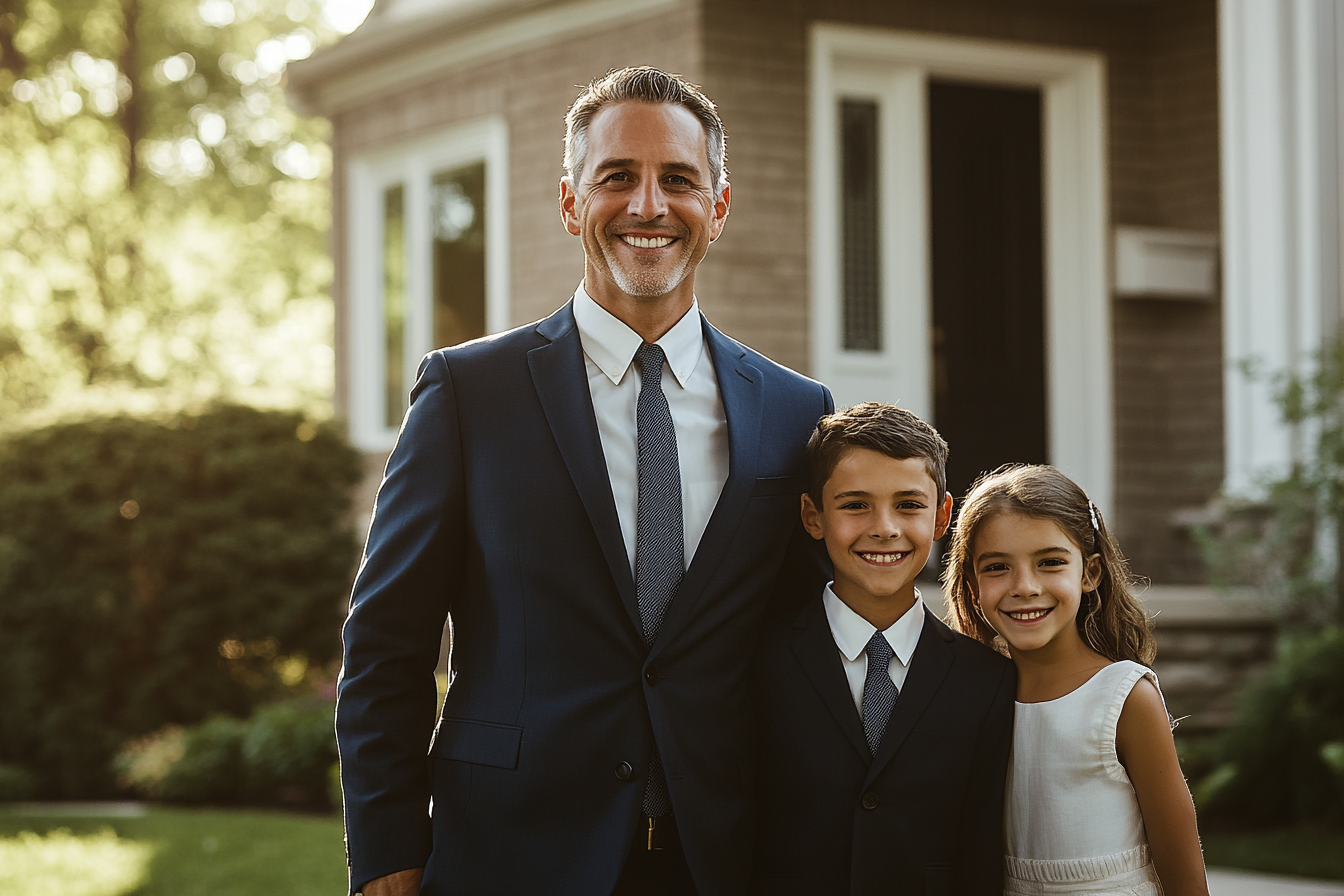 Un hombre rico con sus dos hijos sonriendo delante de una casa | Fuente: Midjourney