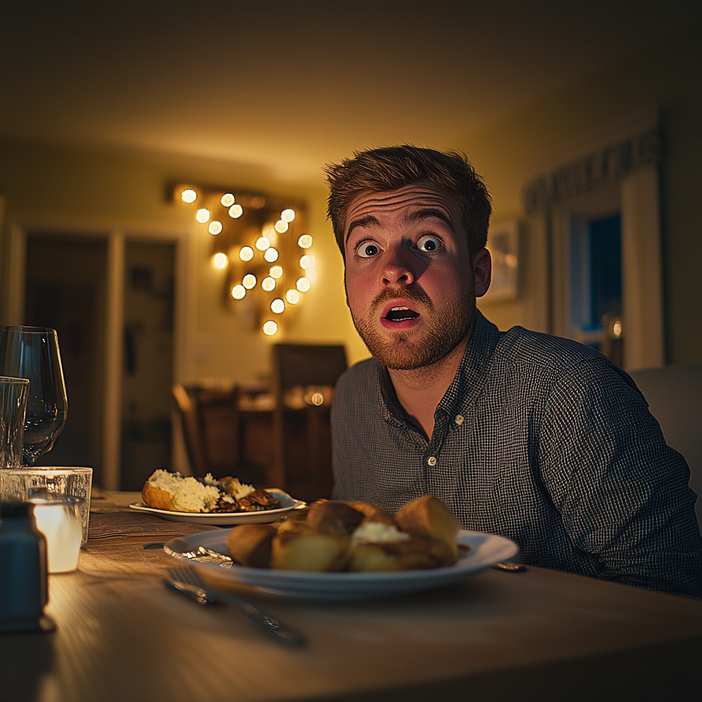 Un hombre aturdido sentado a la mesa | Fuente: Midjourney