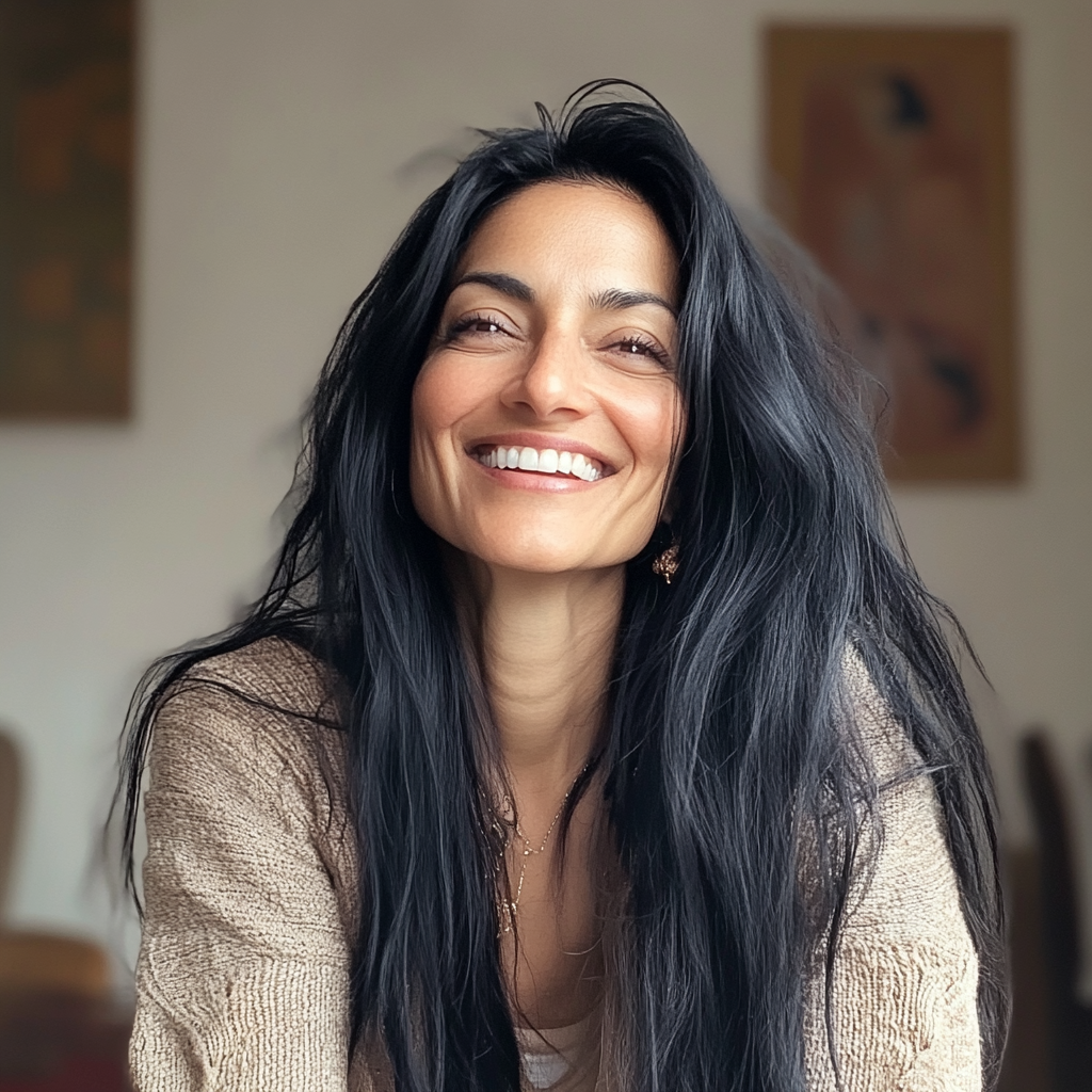 Una terapeuta sonriente sentada en su despacho | Fuente: Midjourney