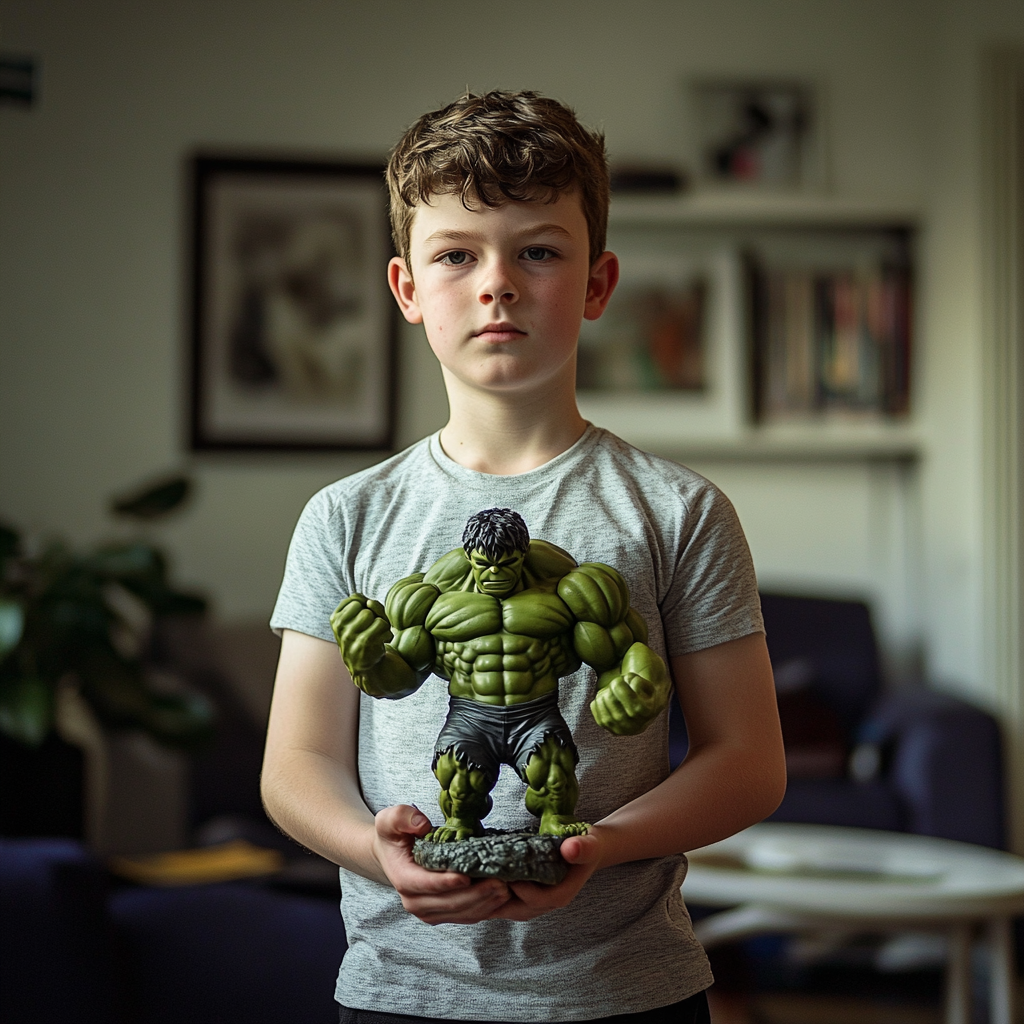 Un niño con una figurita de Hulk | Fuente: Midjourney