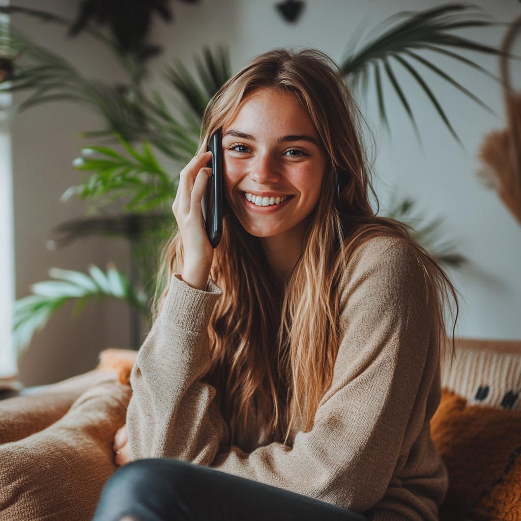 Una joven sonriente al teléfono | Fuente: Midjourney