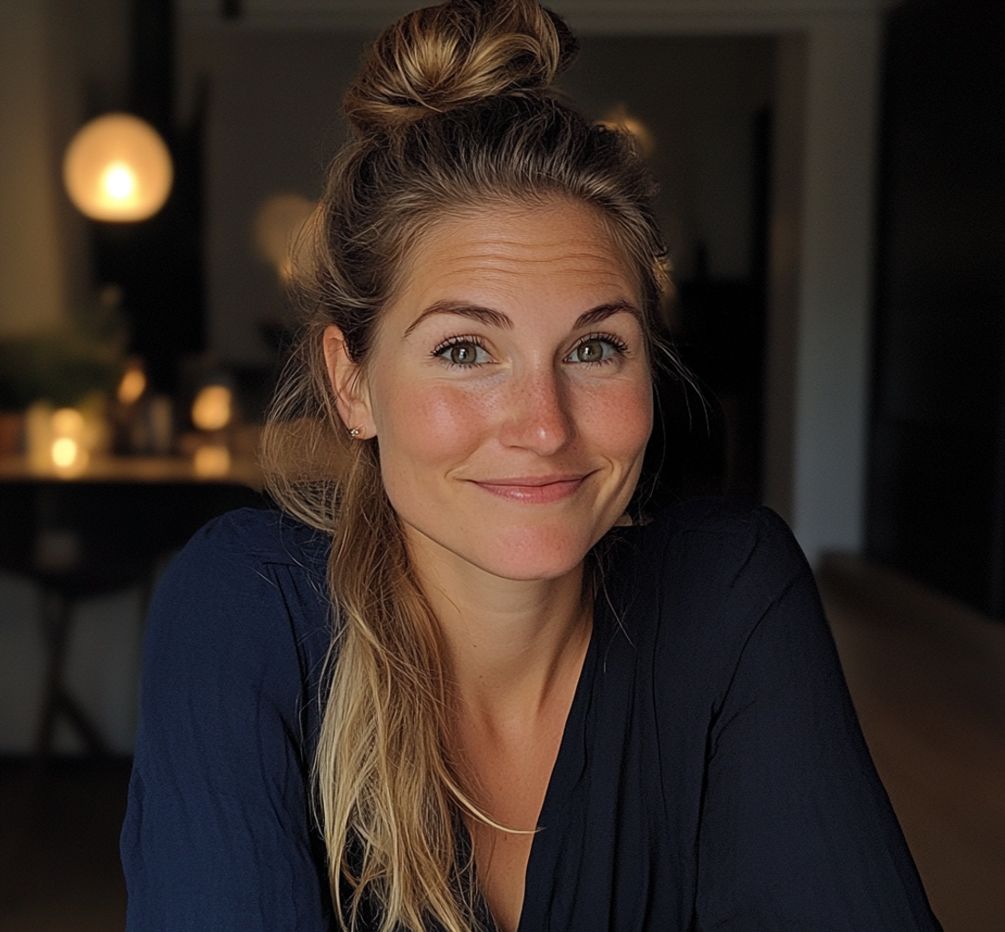 Una mujer feliz sentada a la mesa | Fuente: Midjourney