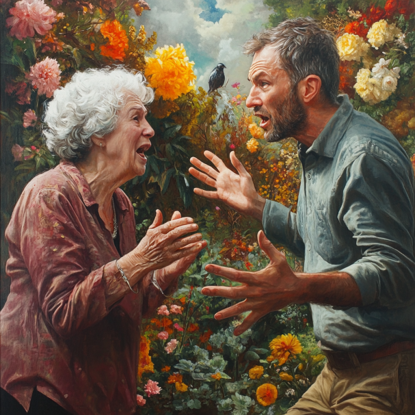 Una abuela y un hombre discutiendo junto a un jardín de flores | Fuente: Midjourney