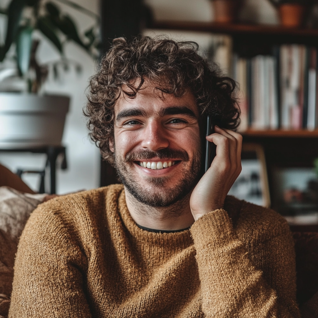 Foto frontal de un hombre riendo hablando por teléfono | Fuente: Midjourney