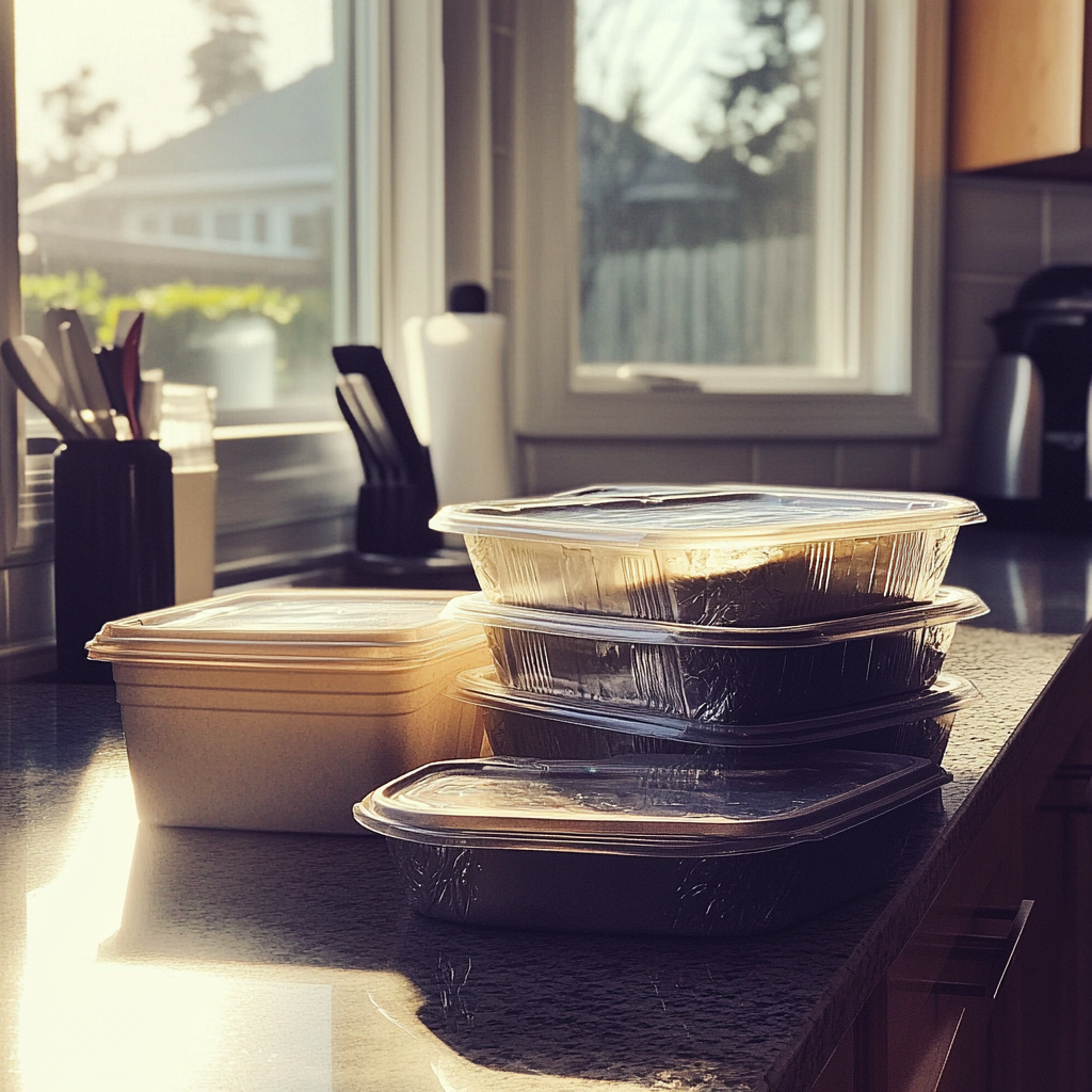 Recipientes de comida para llevar en la encimera de la cocina | Fuente: Midjourney