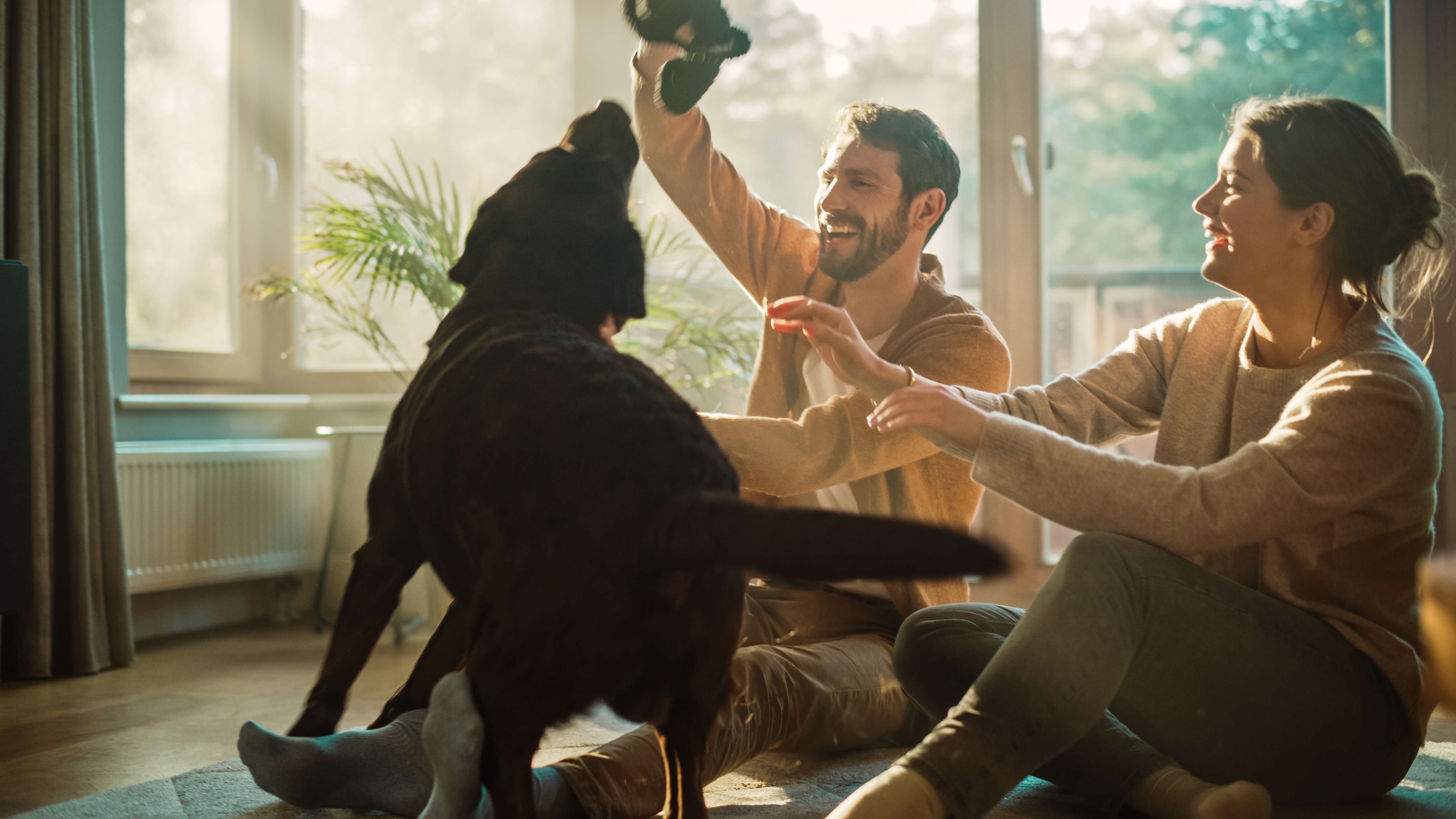 Una joven pareja se lo pasa en grande jugando con su perro en casa. | Foto: Shutterstock