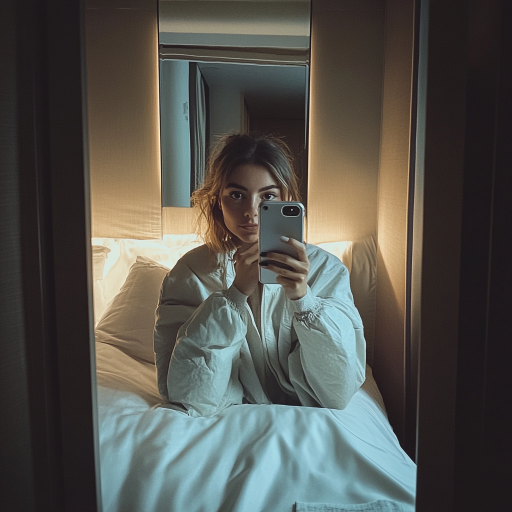 Una joven tomándose un selfie en una habitación de hotel | Fuente: Midjourney