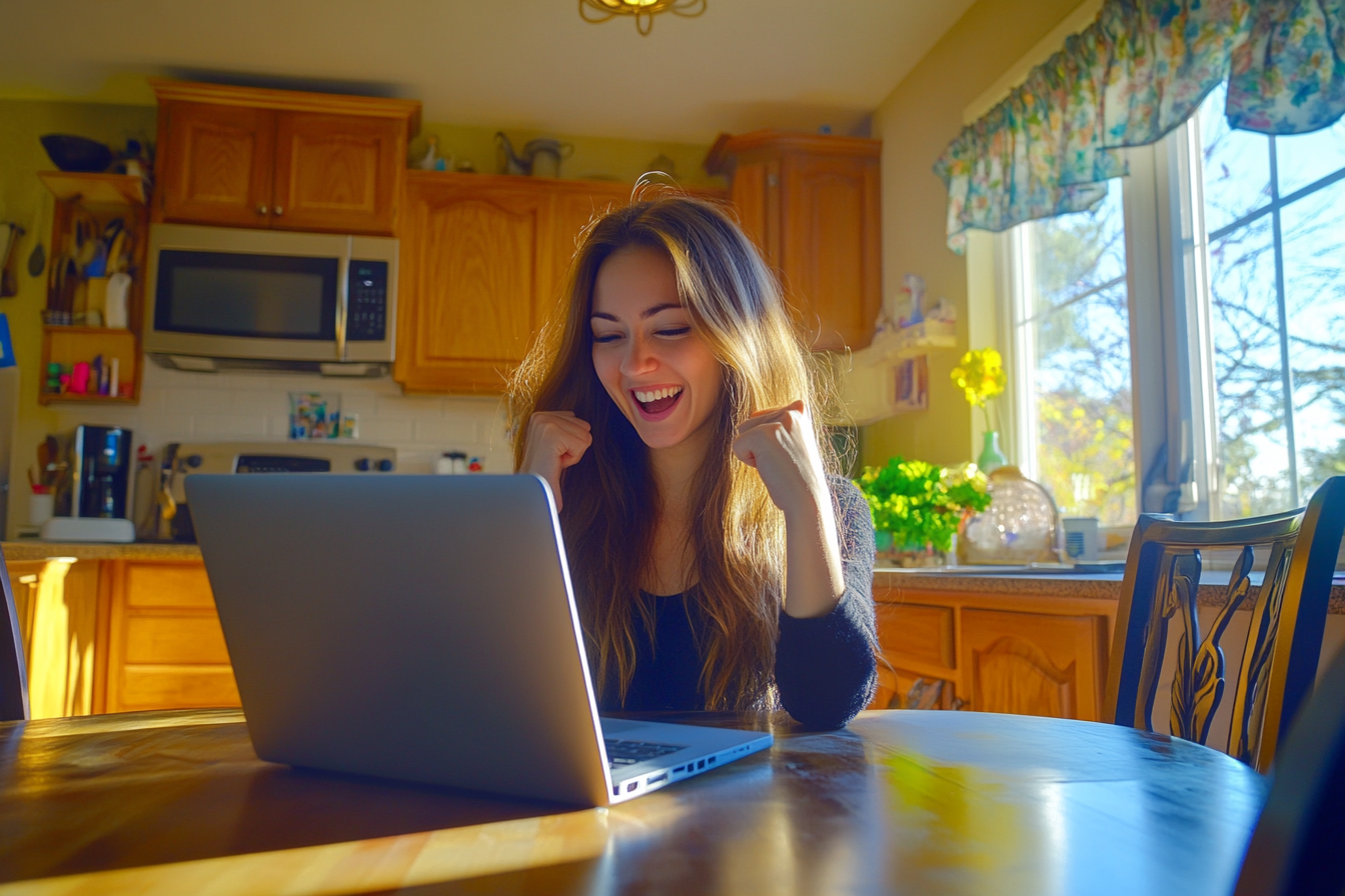 Una mujer feliz mirando la pantalla de un portátil | Fuente: Midjourney