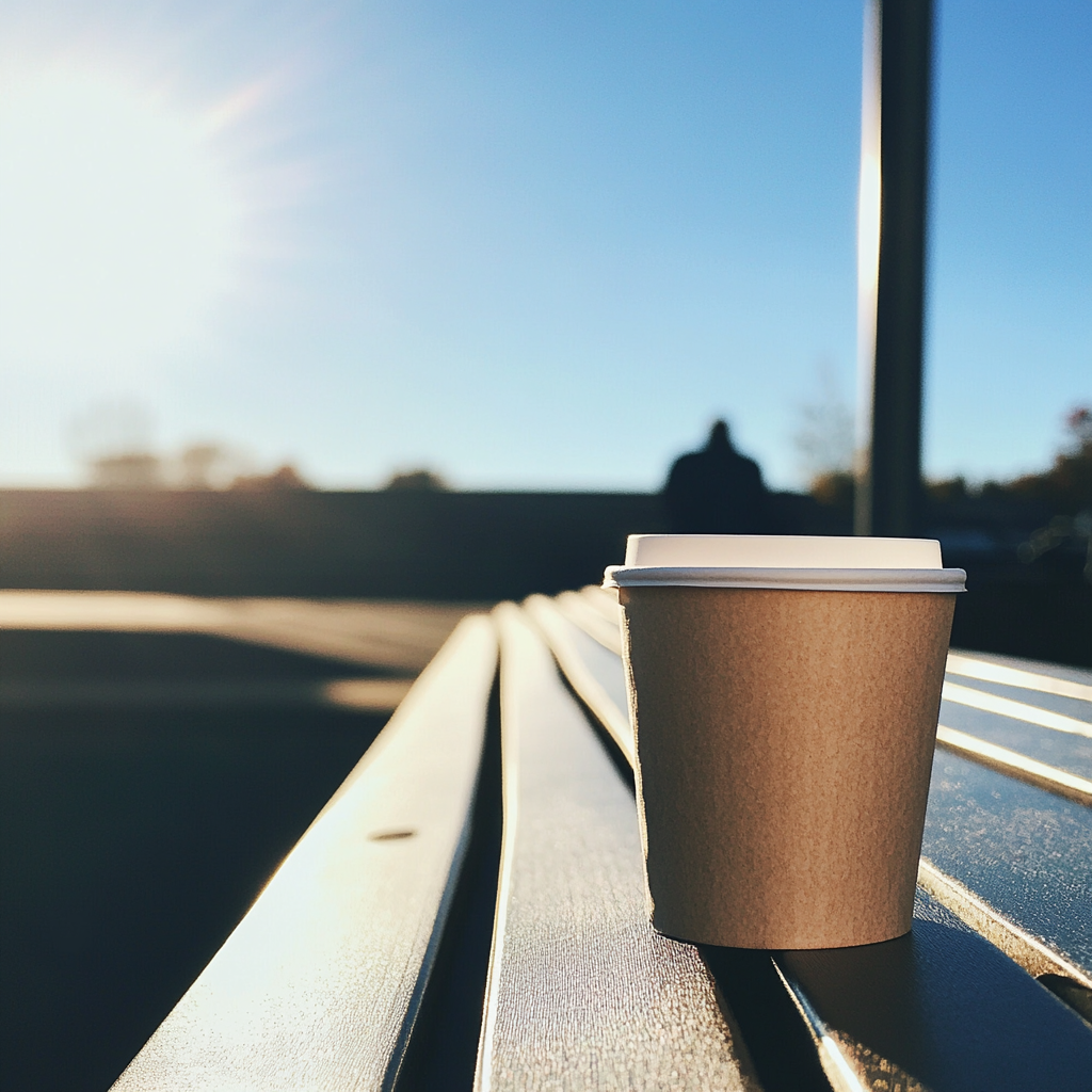 Una taza de café en un banco | Fuente: Midjourney