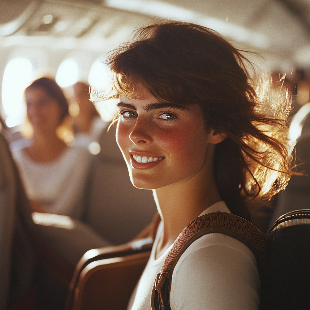 Una mujer feliz recogiendo su equipaje antes de desembarcar de un avión | Fuente: Midjourney